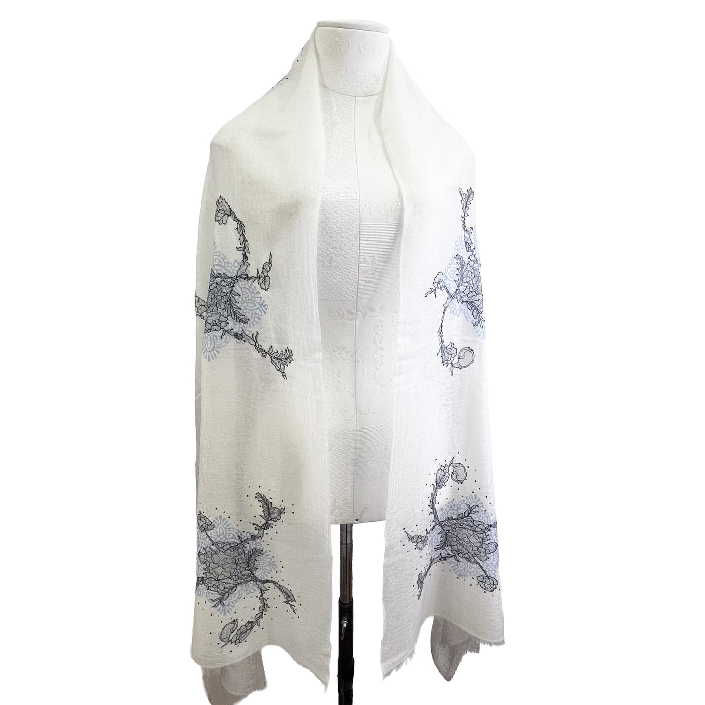 レースシリーズ 薄手カシミヤ レースストール (ホワイト-グレーグラデーション)