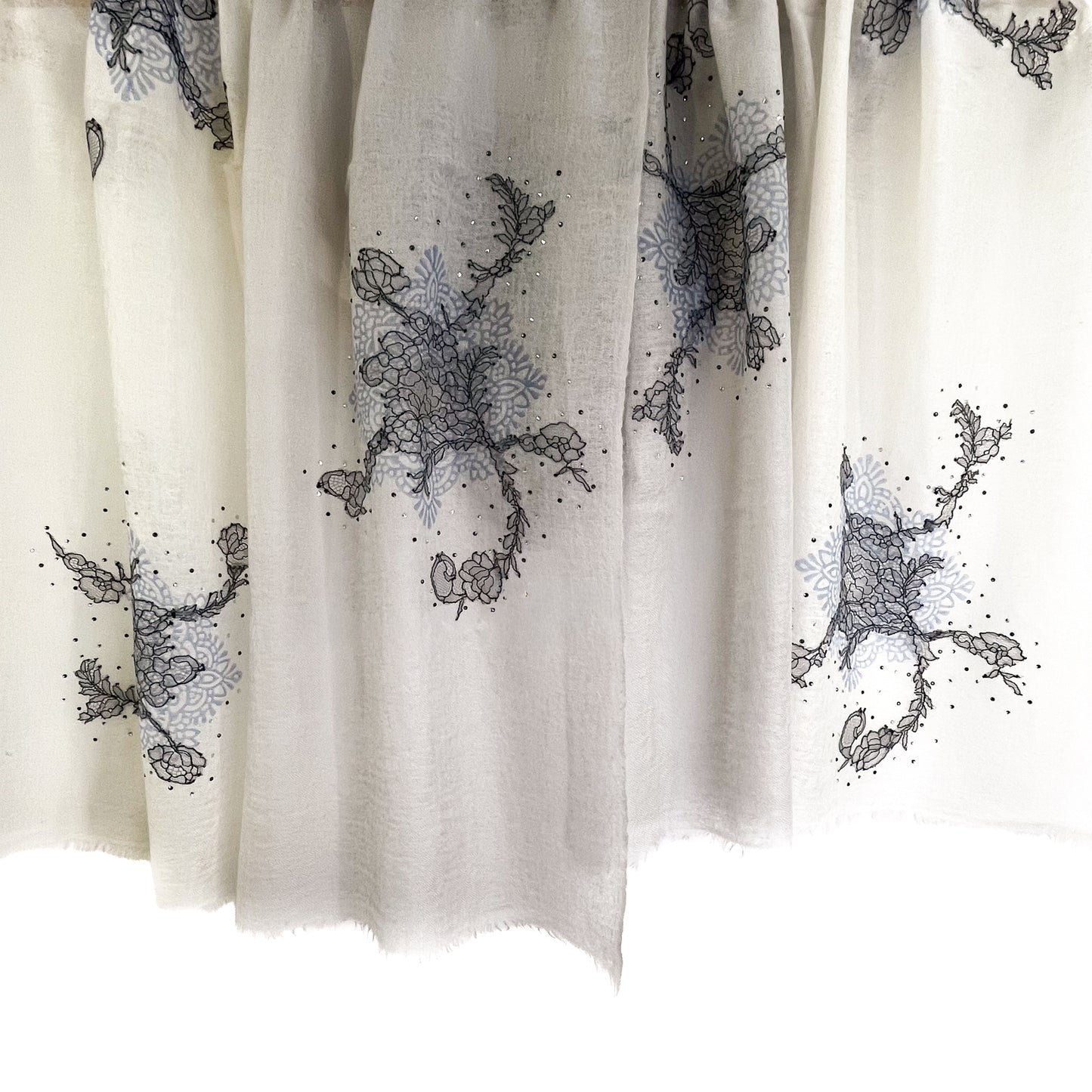 レースシリーズ 薄手カシミヤ レースストール (ホワイト-グレーグラデーション)