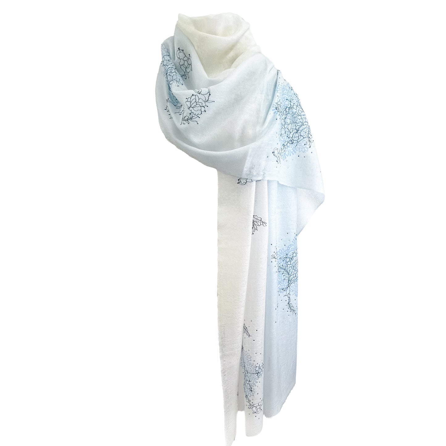 レースシリーズ 薄手カシミヤ レースストール (ホワイト-ライトブルーグラデーション)