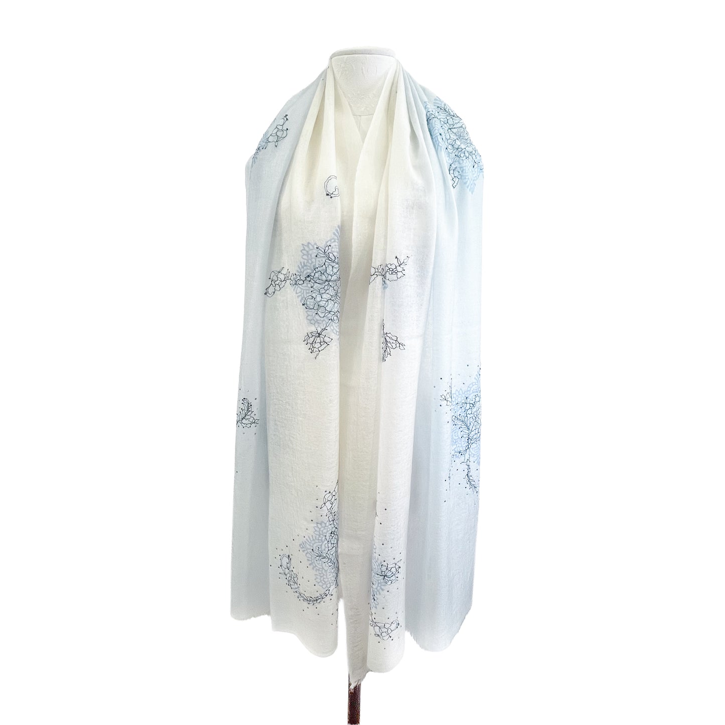 レースシリーズ 薄手カシミヤ レースストール (ホワイト-ライトブルーグラデーション)