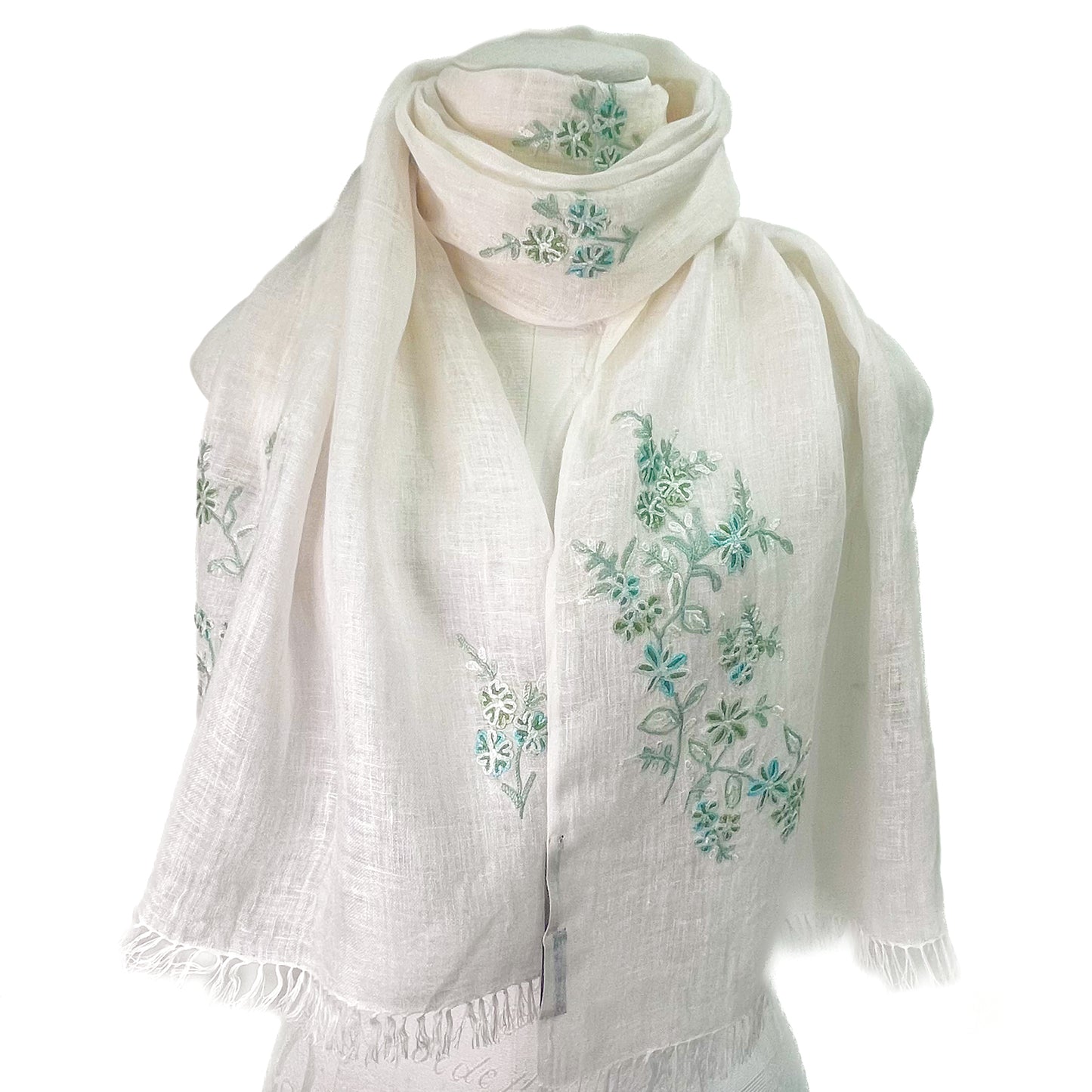 Linen hand-embroidered stole (light green)