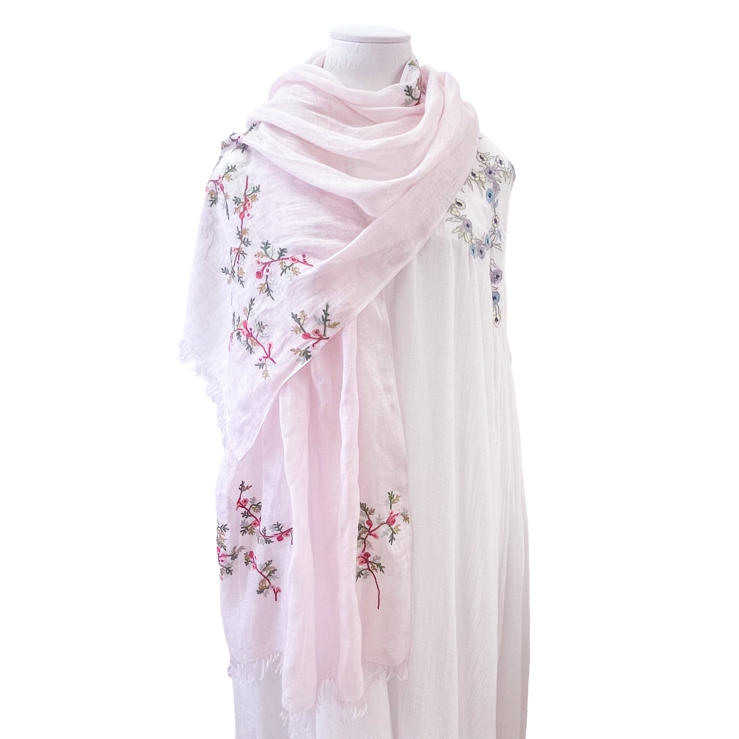 Linen embroidered flower motif stole (light pink)