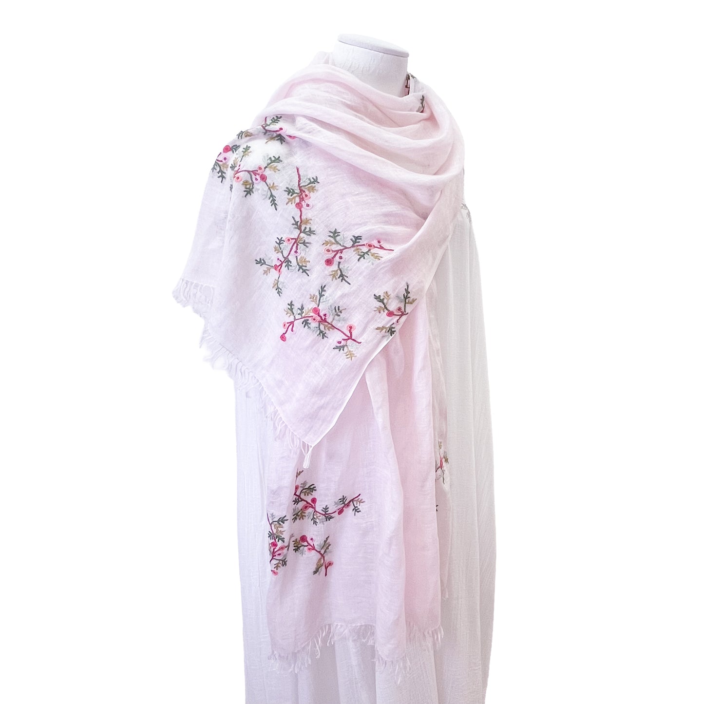 Linen embroidered flower motif stole (light pink)