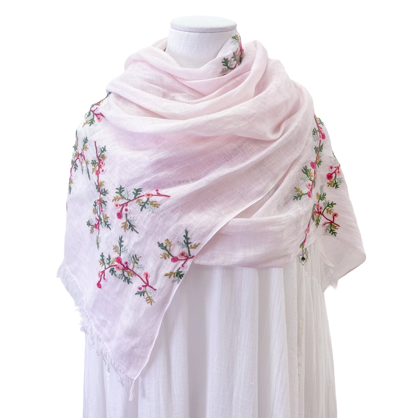 Linen embroidered flower motif stole (light pink)