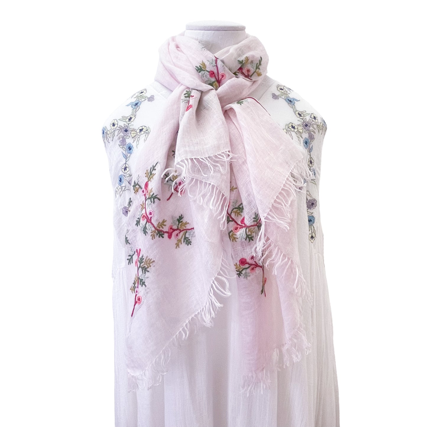 Linen embroidered flower motif stole (light pink)