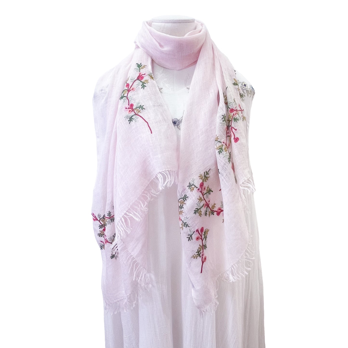 Linen embroidered flower motif stole (light pink)