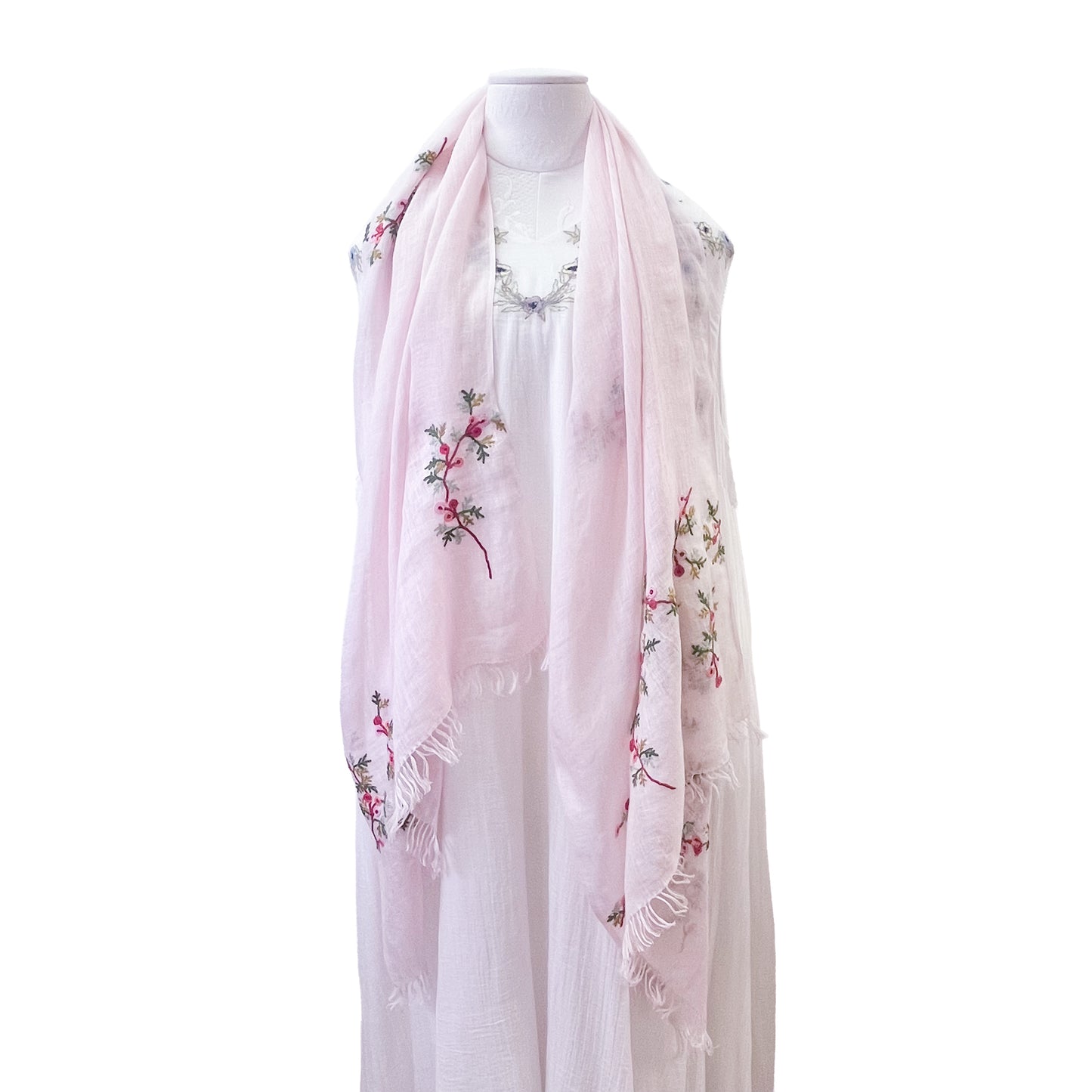 Linen embroidered flower motif stole (light pink)