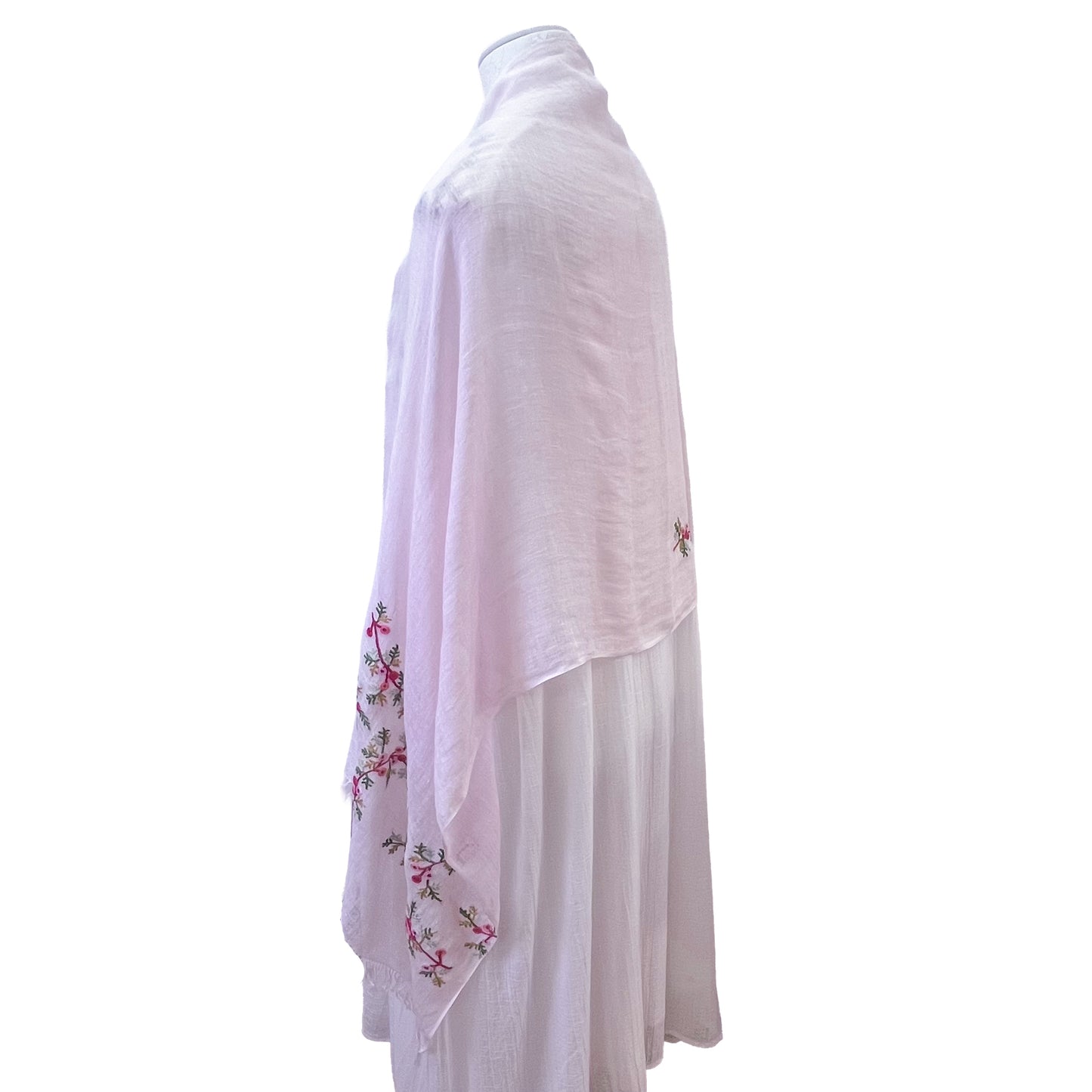 Linen embroidered flower motif stole (light pink)