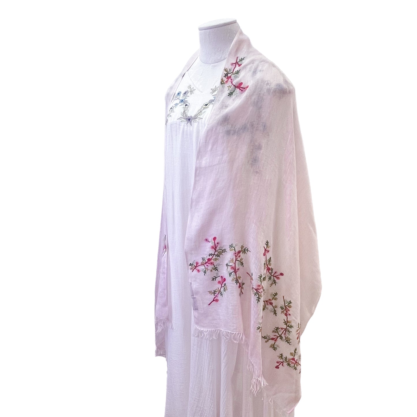 Linen embroidered flower motif stole (light pink)