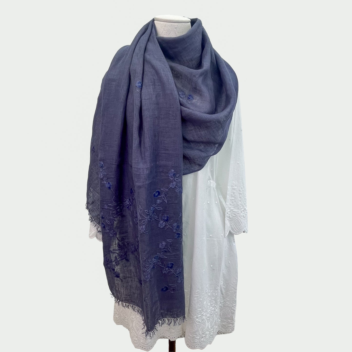 [Free Shipping] Colorful Flower Linen Hand Embroidered Stole 60cm x 195cm (Light Blue)
