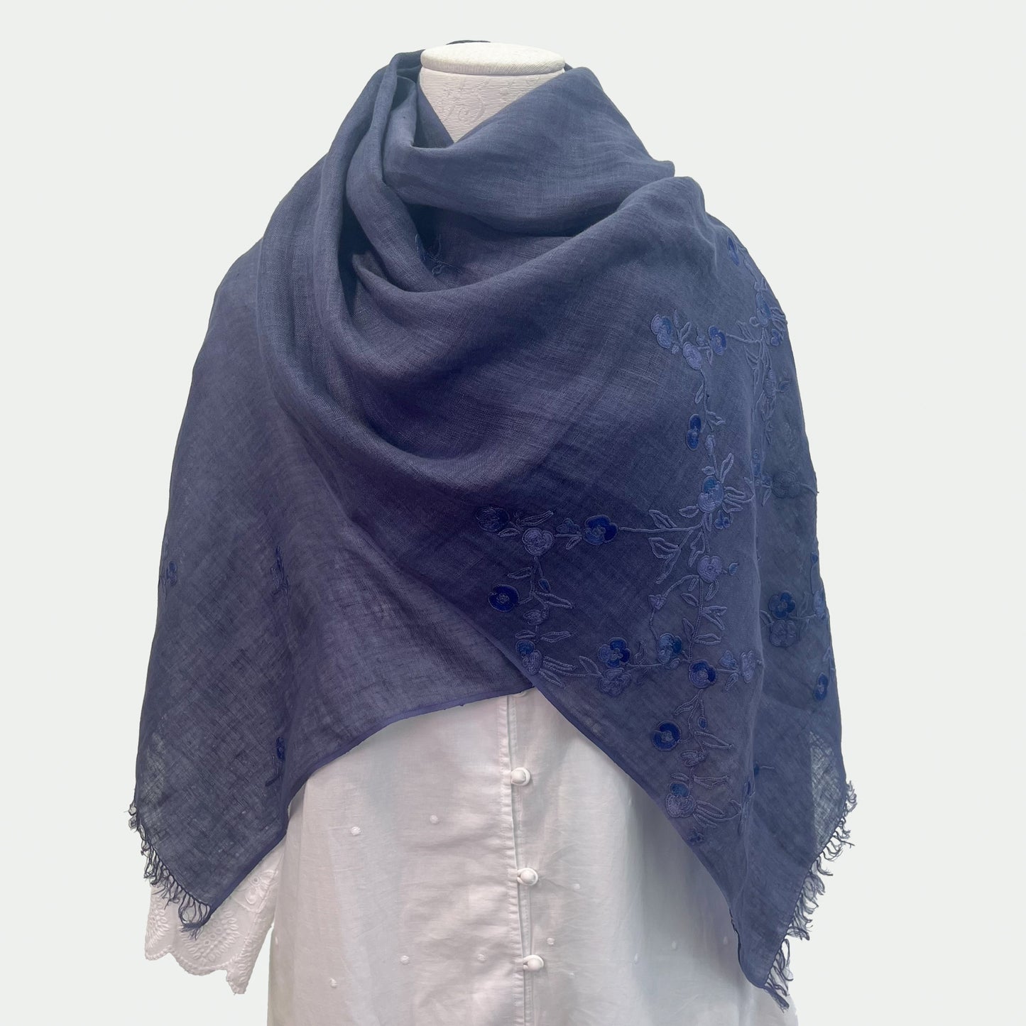 [Free Shipping] Colorful Flower Linen Hand Embroidered Stole 60cm x 195cm (Light Blue)