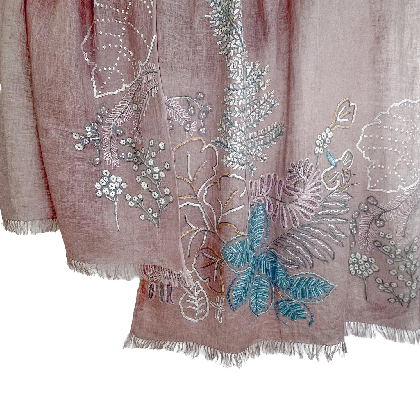 Botanical Flower Lightweight Wool &amp; Silk Ally Hand Embroidered Stole (Ice Green)
