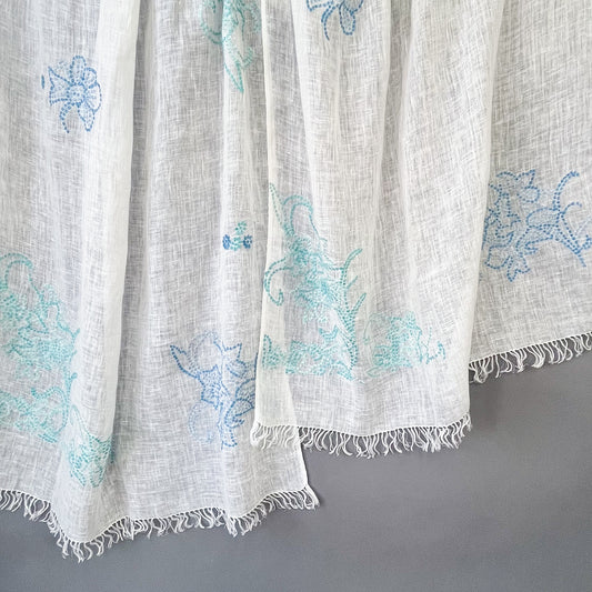 フラワーモチーフ　麻素材 アリー手刺繍ストール (ホワイト)