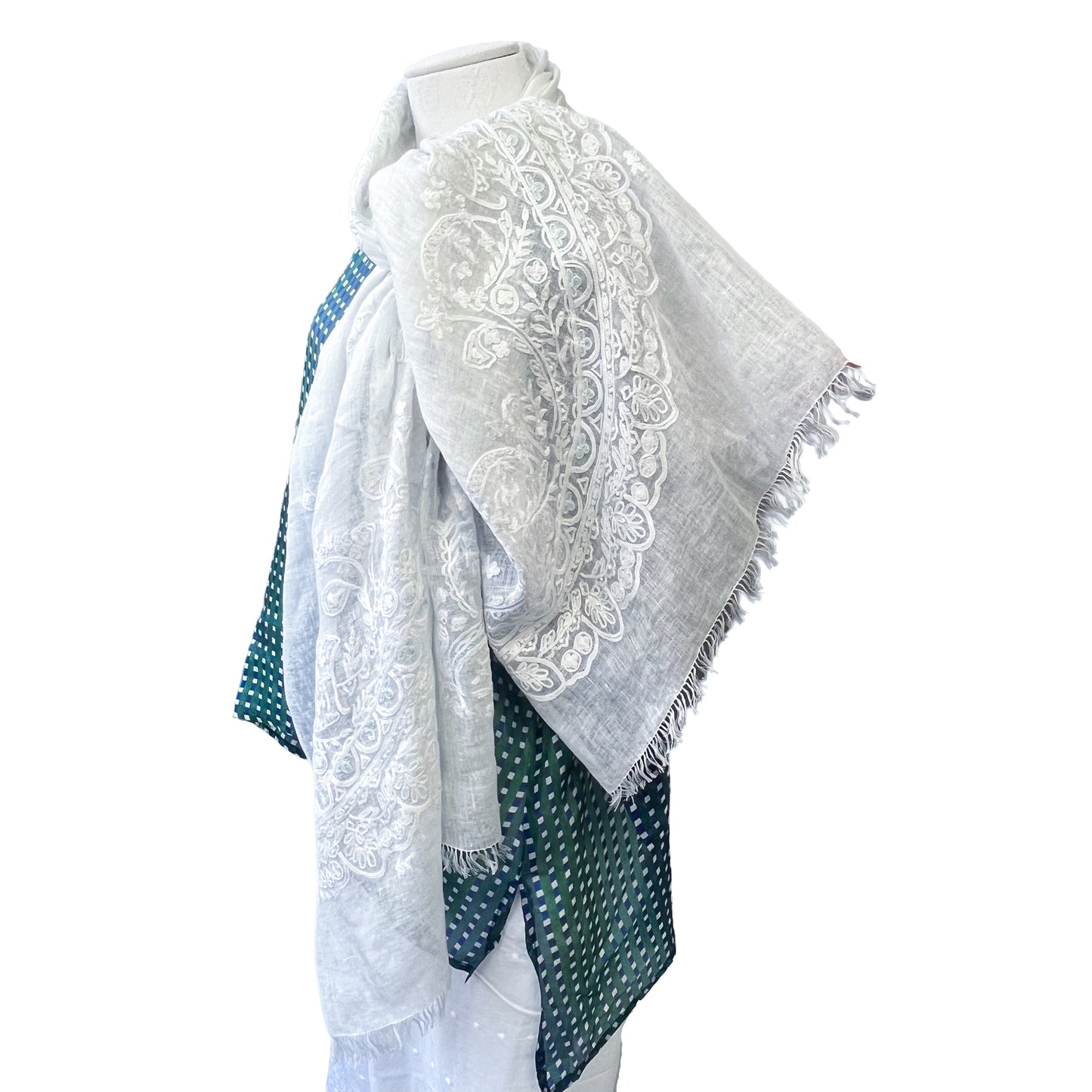 Lace 麻素材 アリー手刺繍ストール (ホワイト/ホワイト)