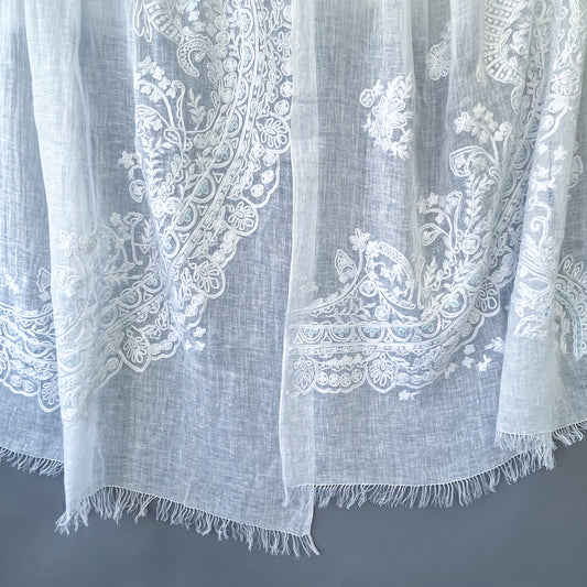Lace 麻素材 アリー手刺繍ストール (ホワイト/ホワイト)