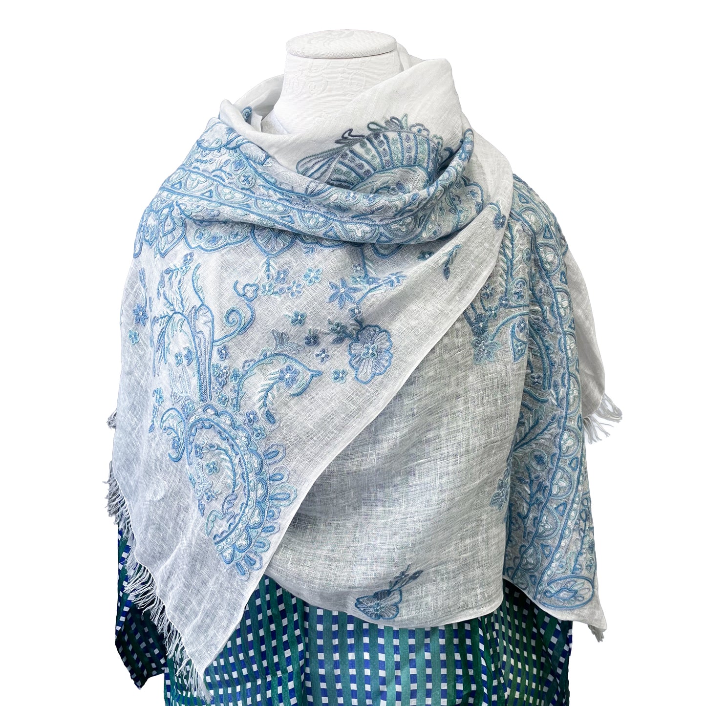 Lace 麻素材 アリー手刺繍ストール (ホワイト/ブルー)