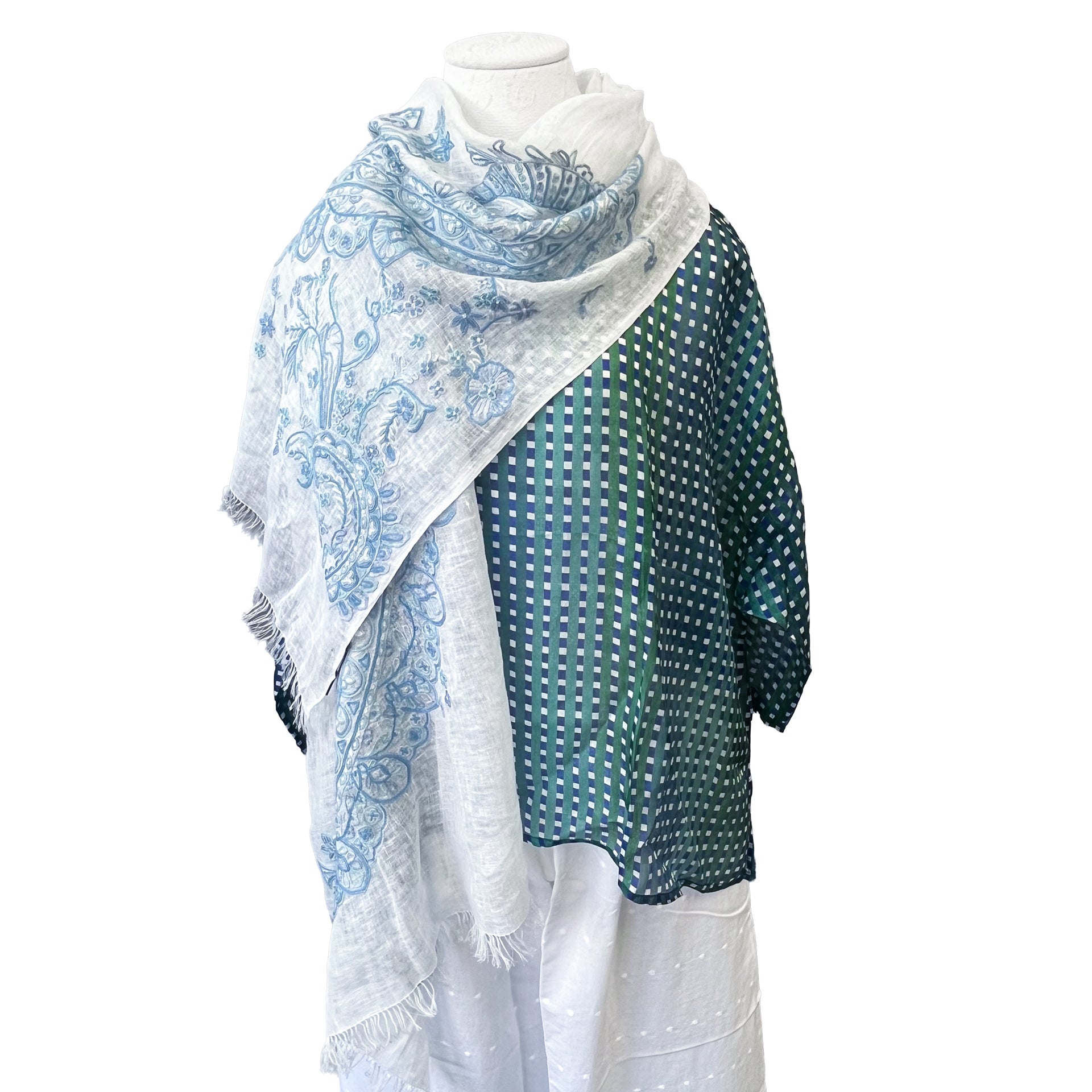 Lace 麻素材 アリー手刺繍ストール (ホワイト/ブルー) – TARA BLANCA