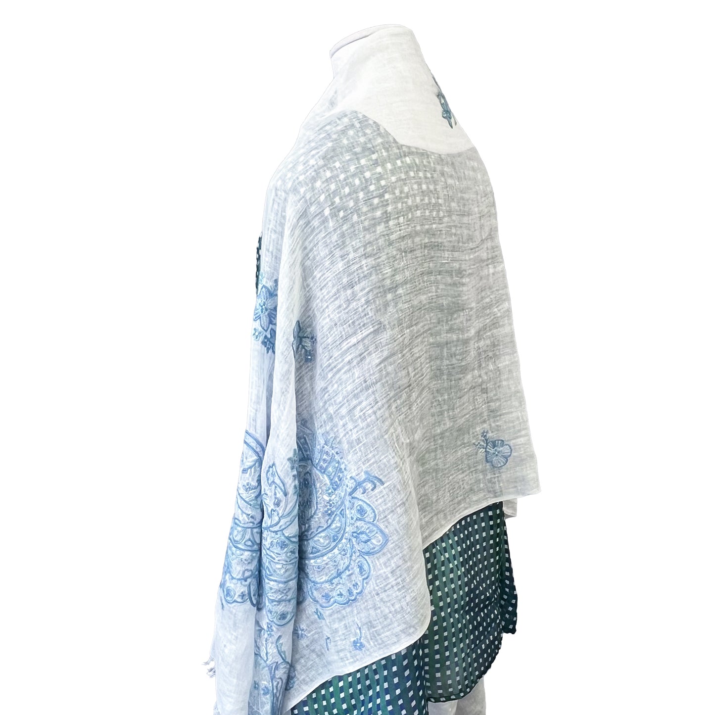 Lace 麻素材 アリー手刺繍ストール (ホワイト/ブルー)