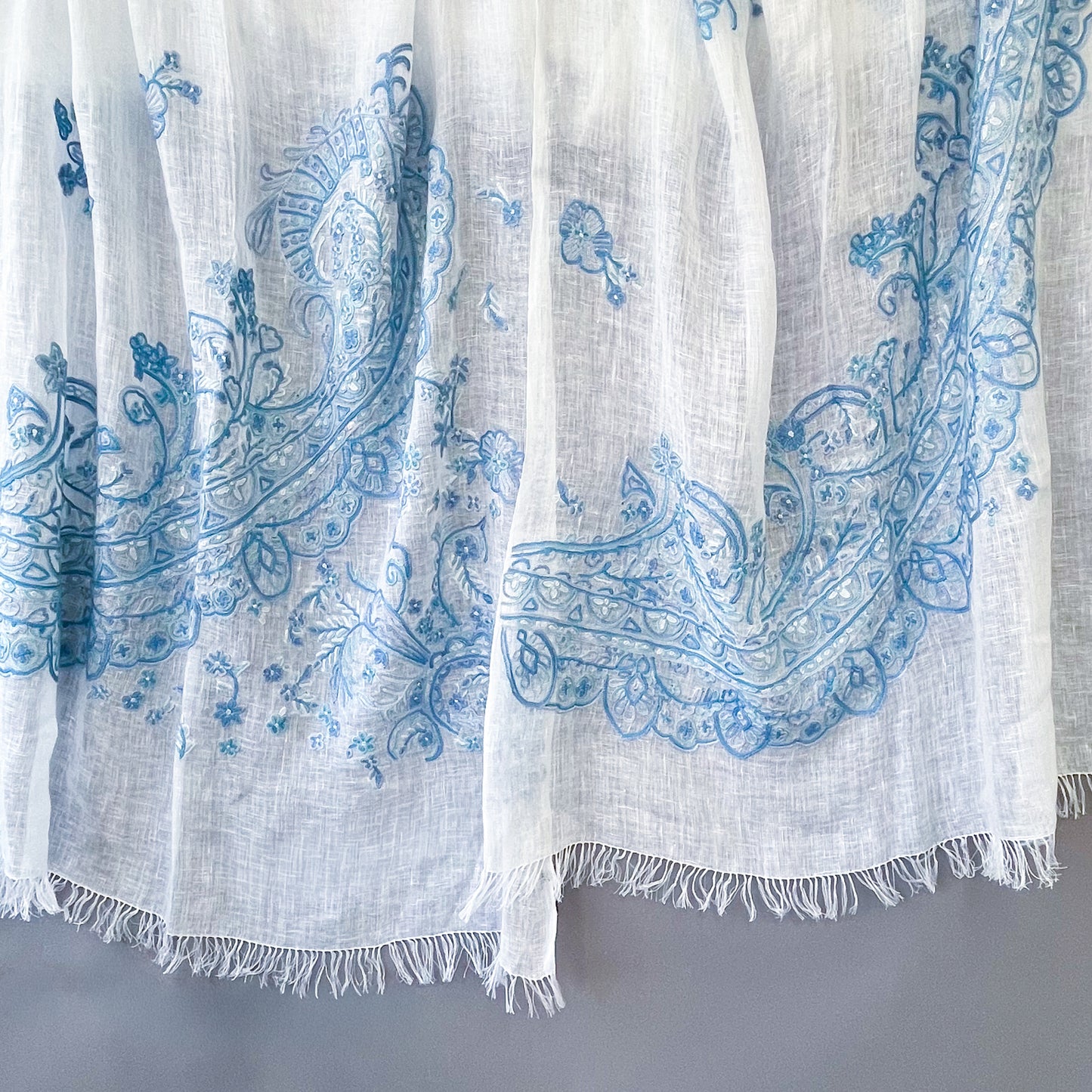 Lace 麻素材 アリー手刺繍ストール (ホワイト/ブルー)