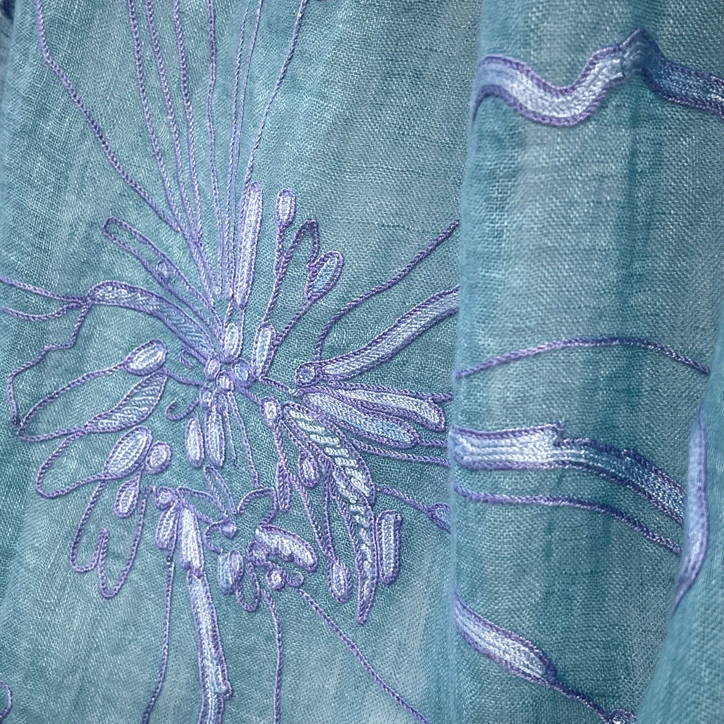 Abstractリネン アリー手刺繍ストール (ターコイズ)