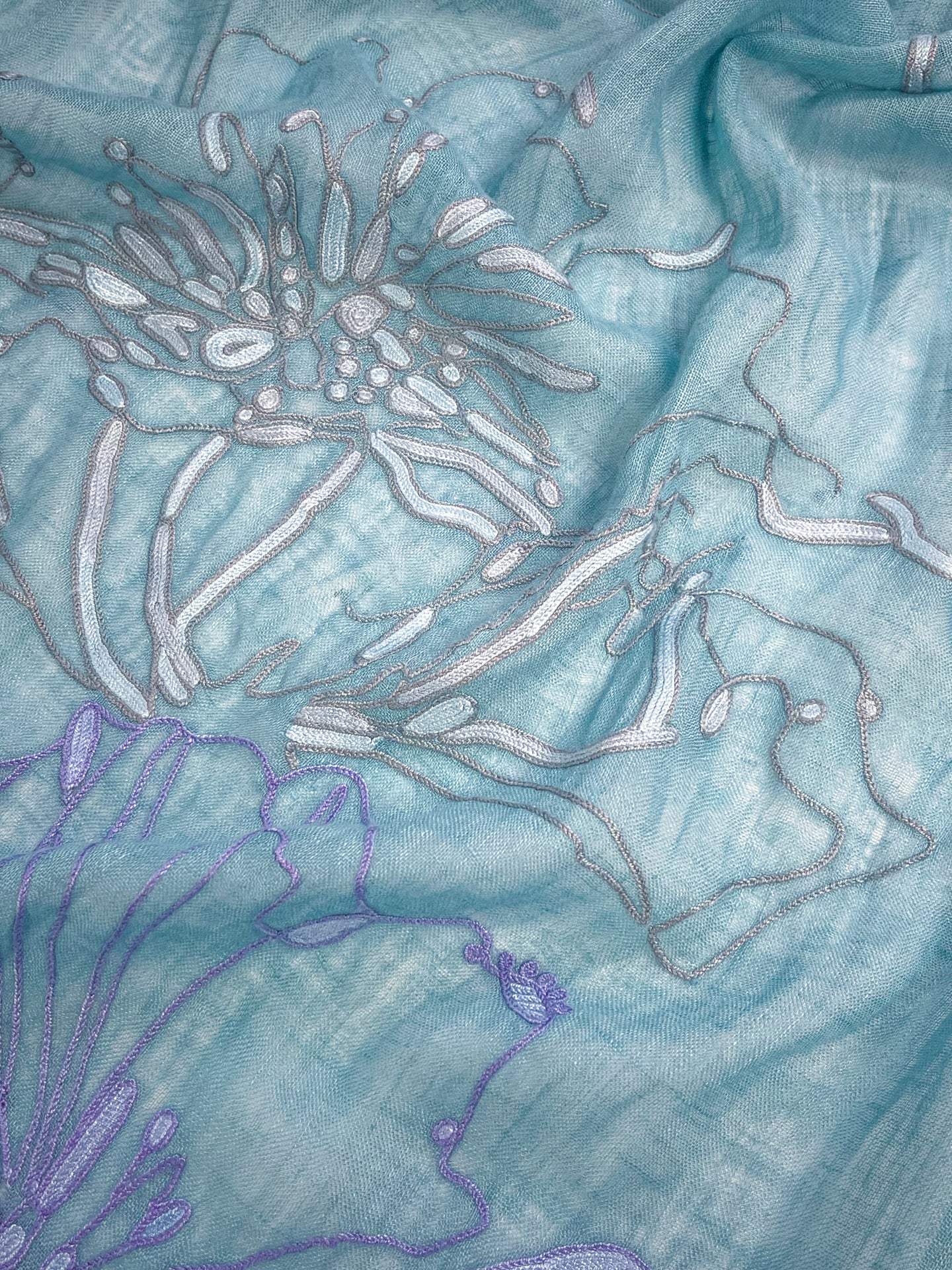 Abstractリネン アリー手刺繍ストール (ターコイズ)