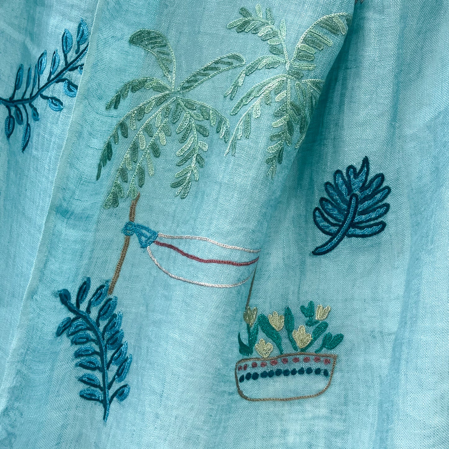 リネン アリー手刺繍ストール (ターコイズ)