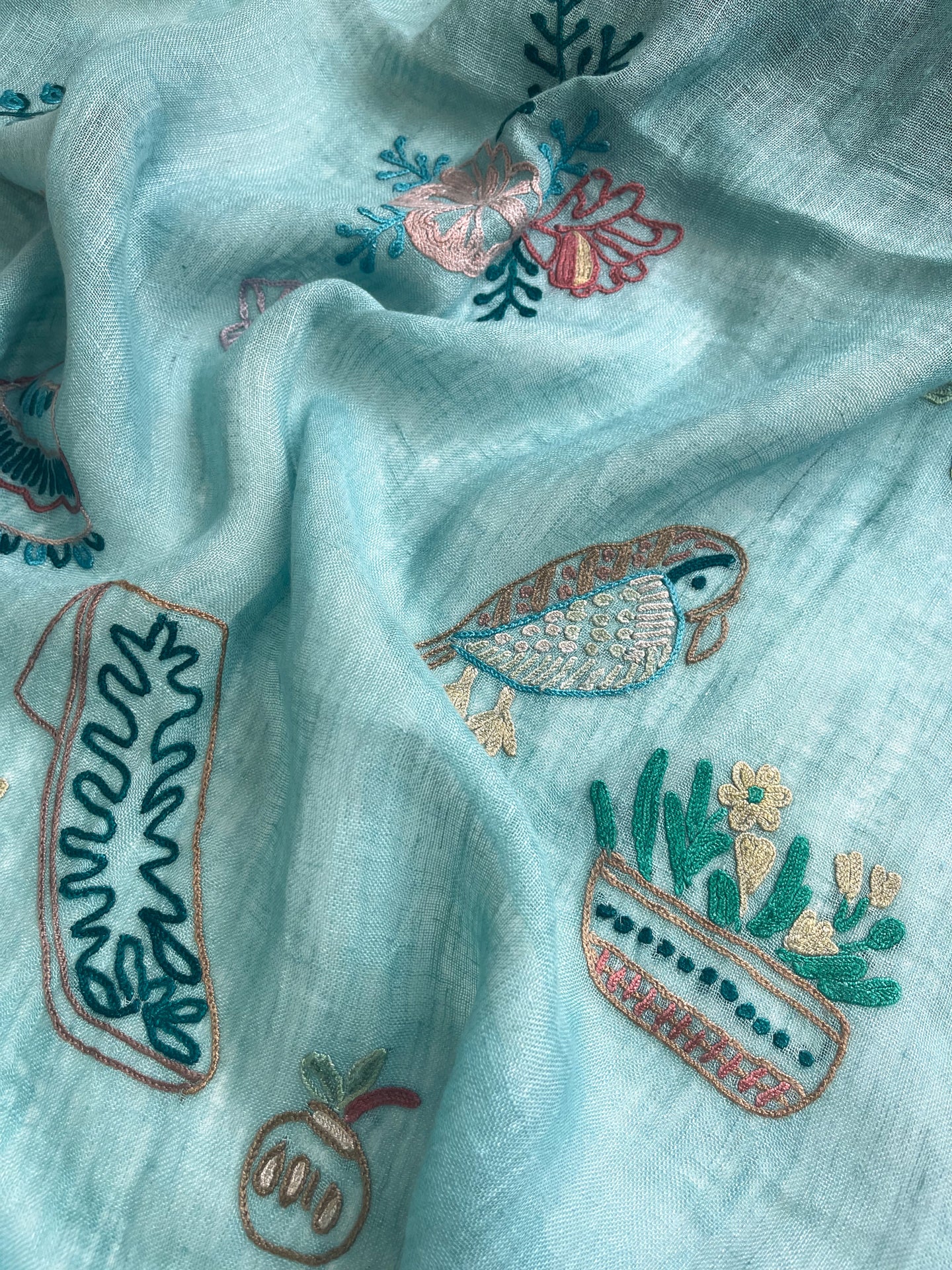 リネン アリー手刺繍ストール (ターコイズ)