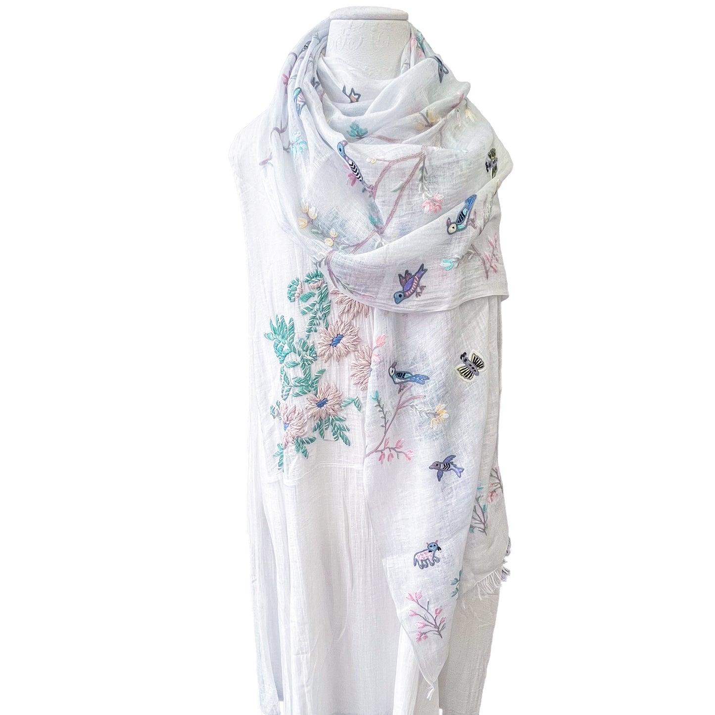 Tree of Life Thin Wool and Silk Ali Hand-Embroidered Stole (White)