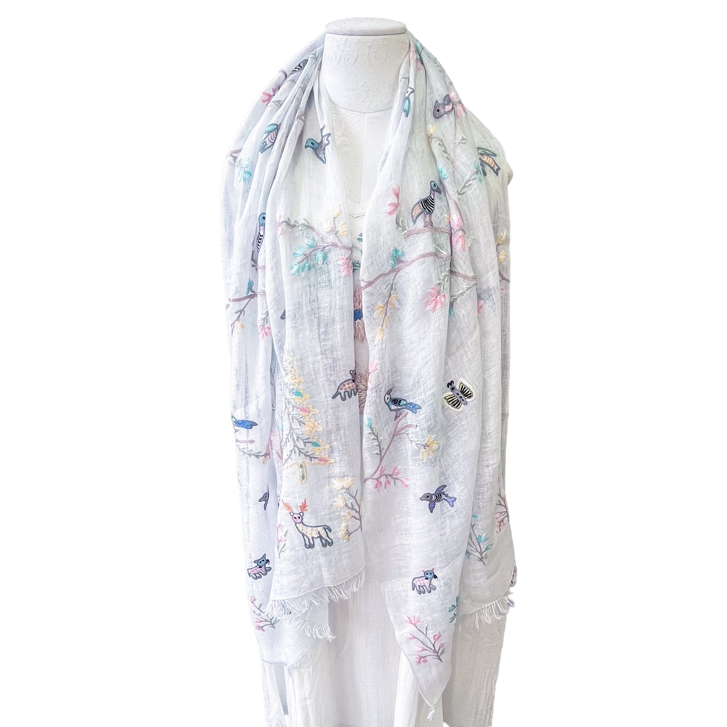 Tree of Life Thin Wool and Silk Ali Hand-Embroidered Stole (White)