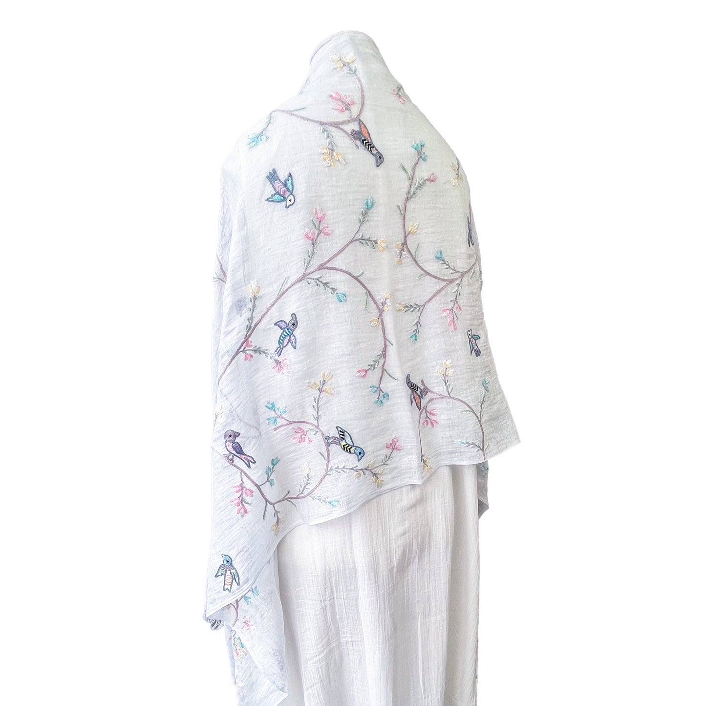 Tree of Life Thin Wool and Silk Ali Hand-Embroidered Stole (White)