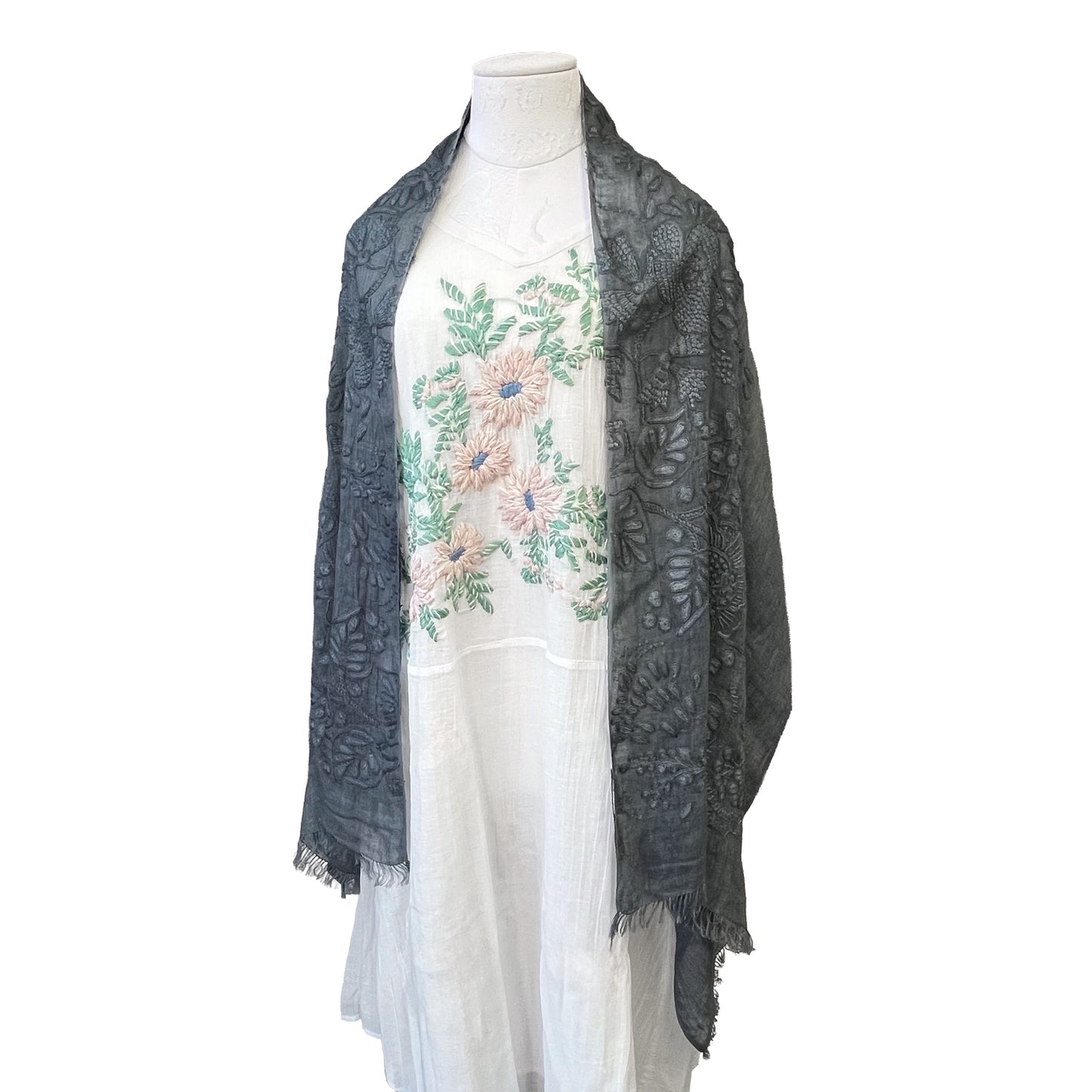 Flower Festival 麻素材 アリー手刺繍ストール (ダークグレー)