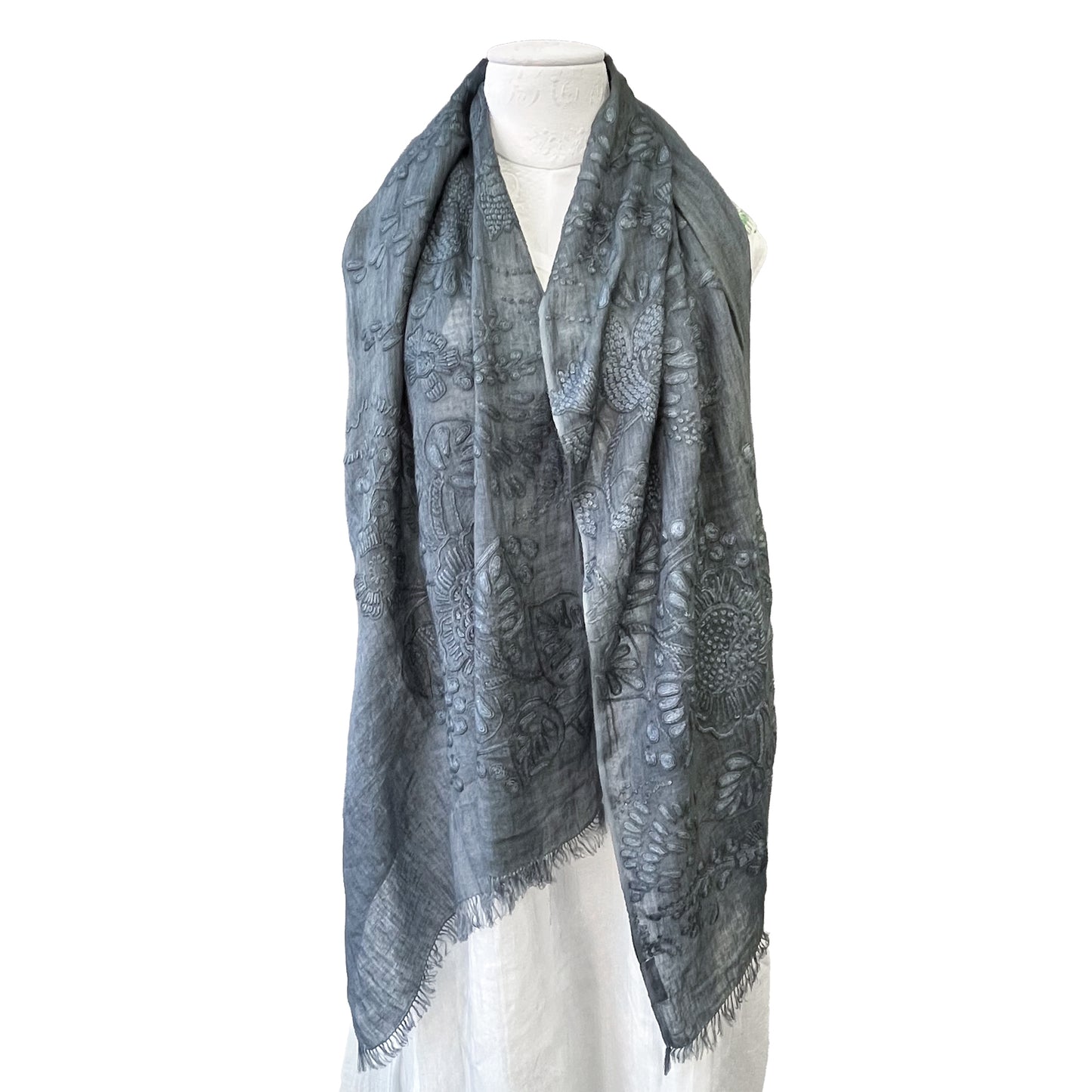 Flower Festival 麻素材 アリー手刺繍ストール (ダークグレー)