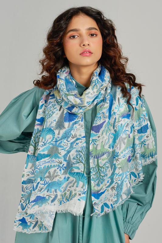 Dinosaur linen original print stole (light blue)