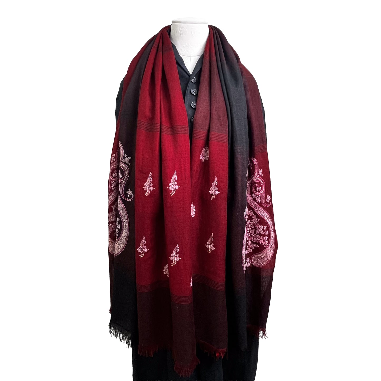 カシミヤ ニードル手刺繍ストール (ダークレッド)