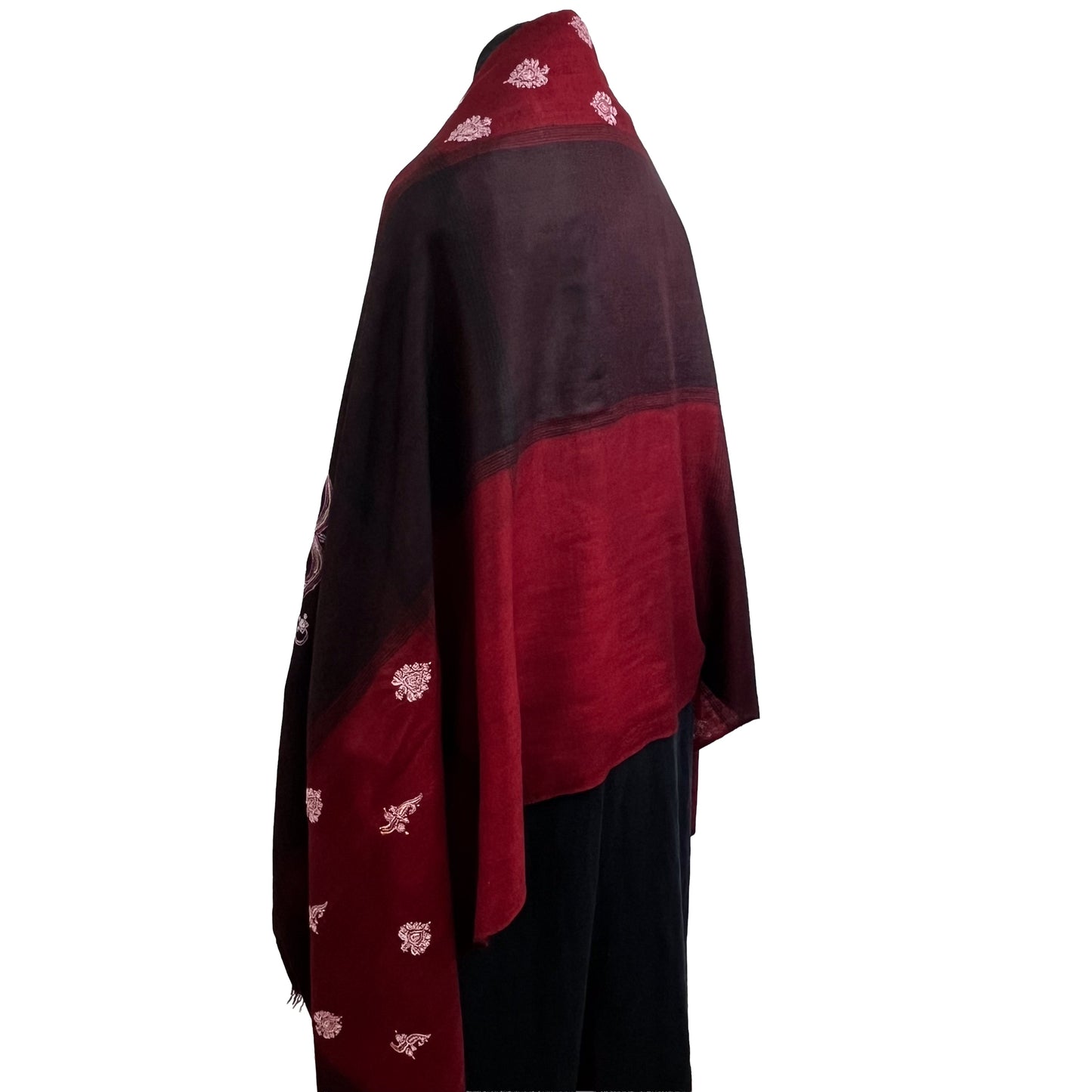 カシミヤ ニードル手刺繍ストール (ダークレッド)