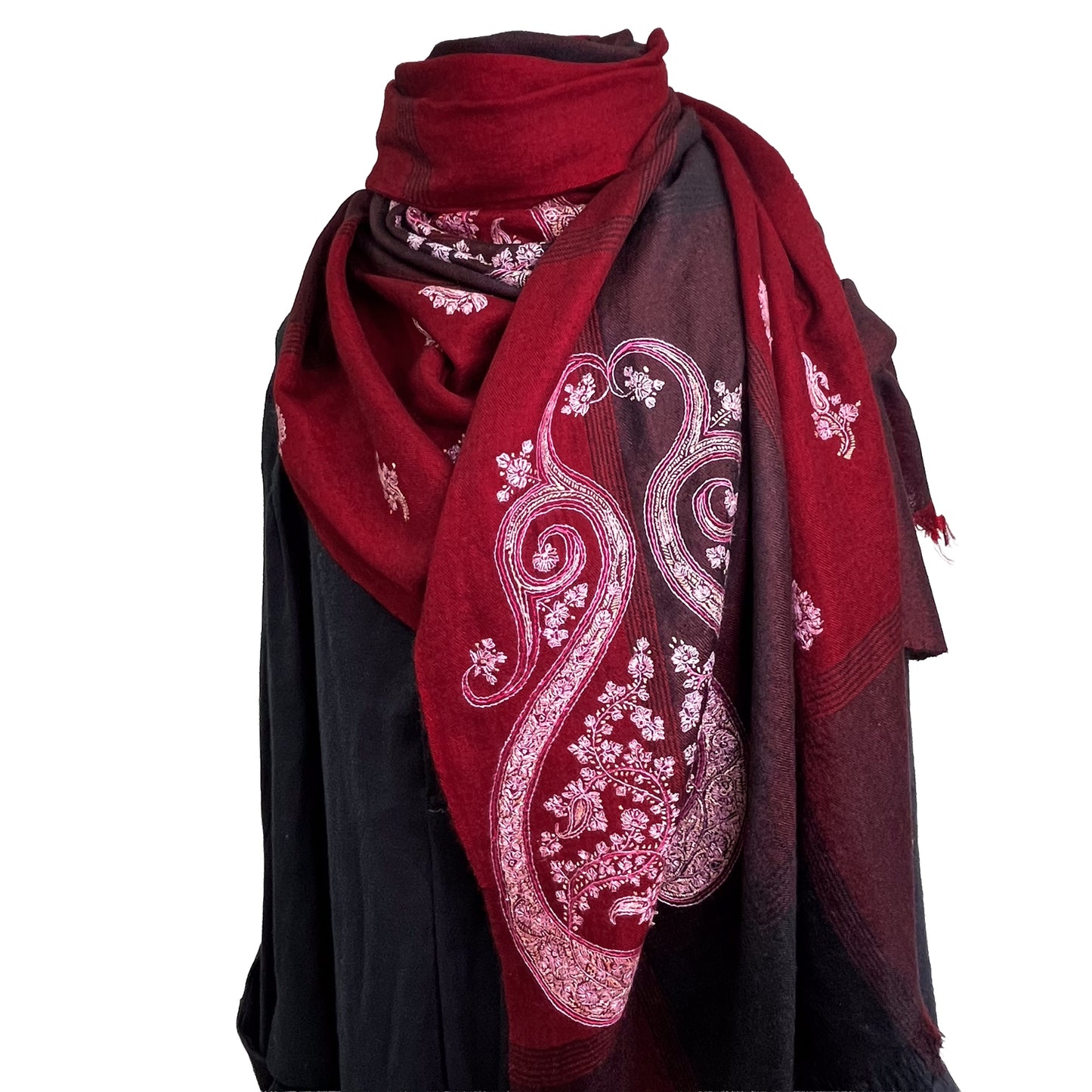 カシミヤ ニードル手刺繍ストール (ダークレッド)