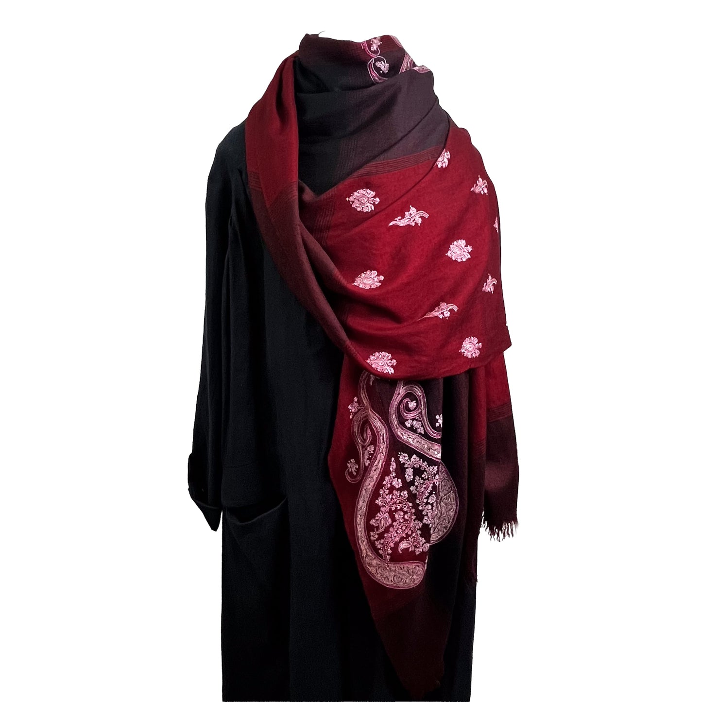 カシミヤ ニードル手刺繍ストール (ダークレッド)