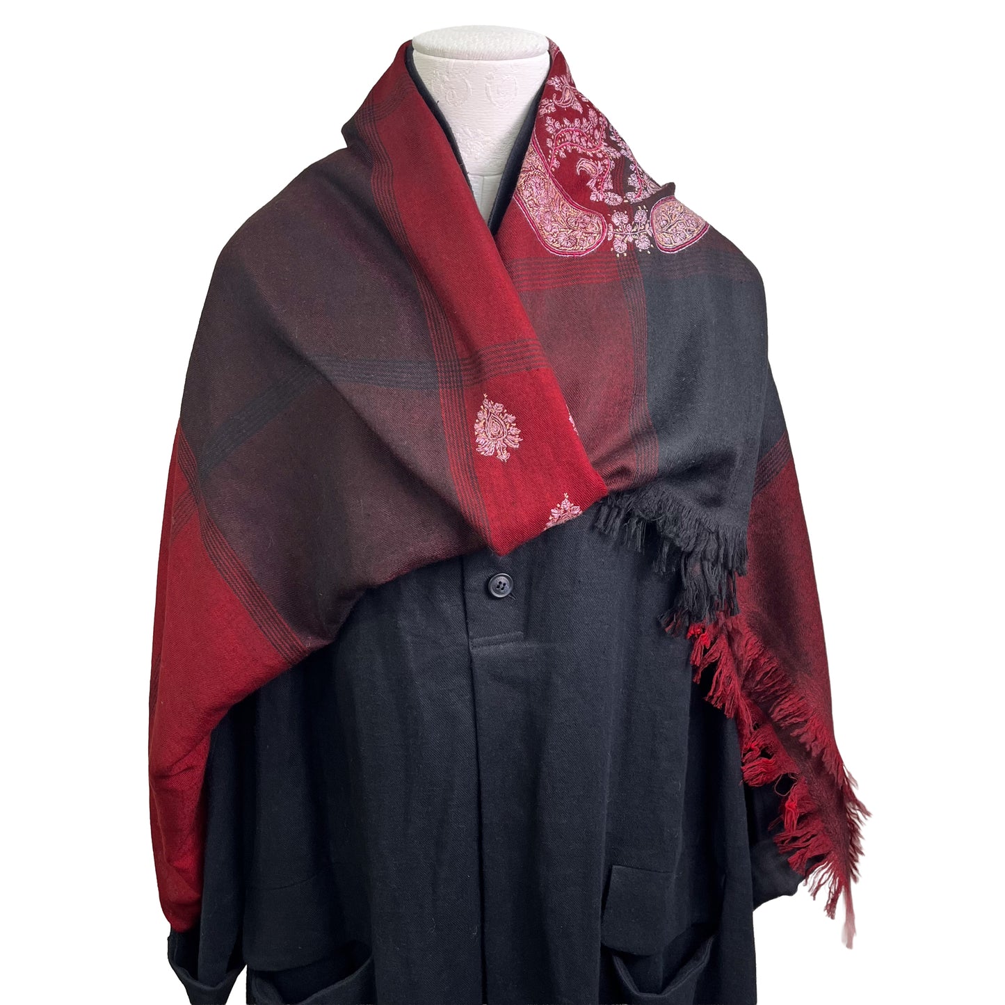 カシミヤ ニードル手刺繍ストール (ダークレッド)