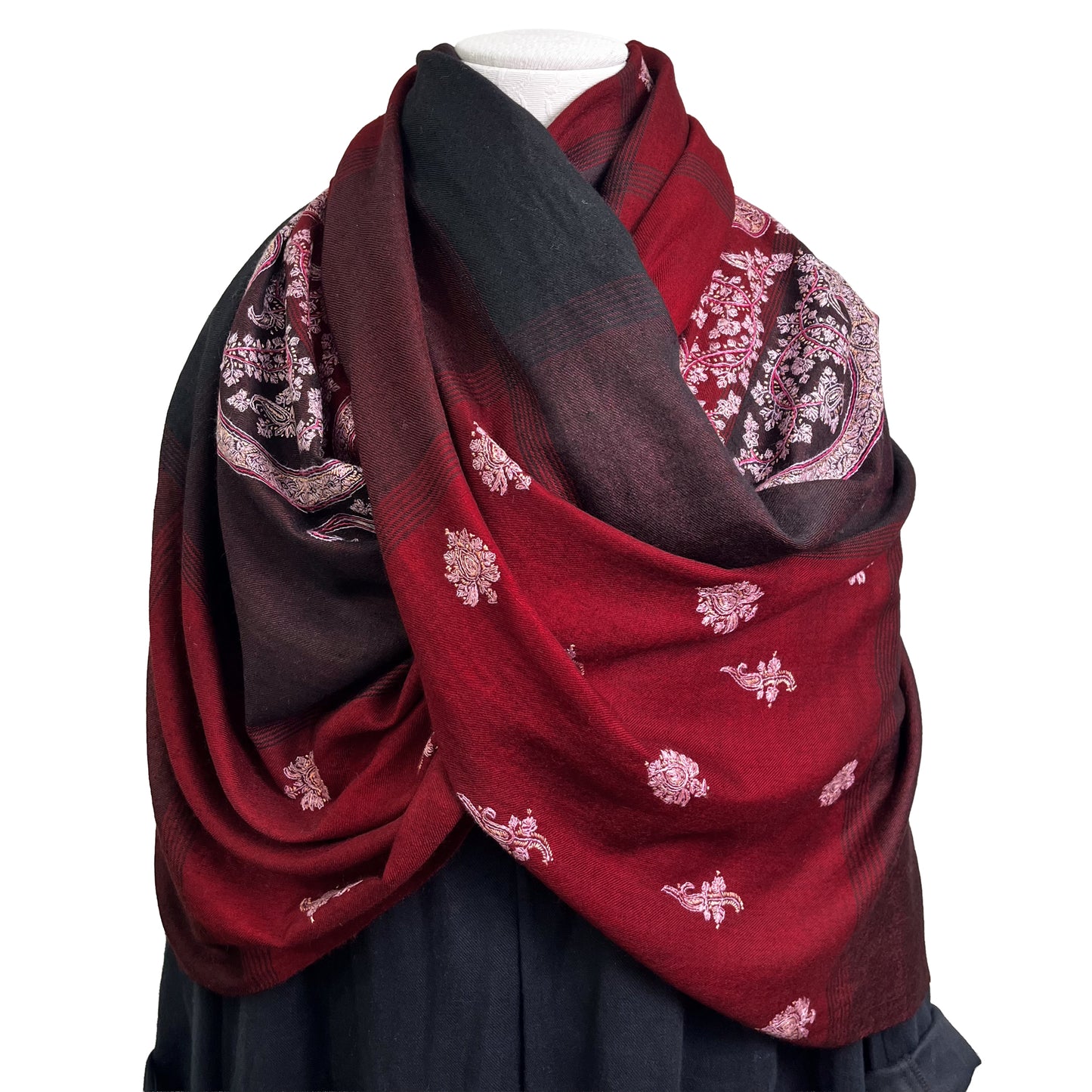 カシミヤ ニードル手刺繍ストール (ダークレッド)