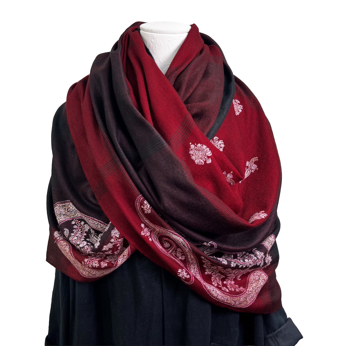 カシミヤ ニードル手刺繍ストール (ダークレッド)