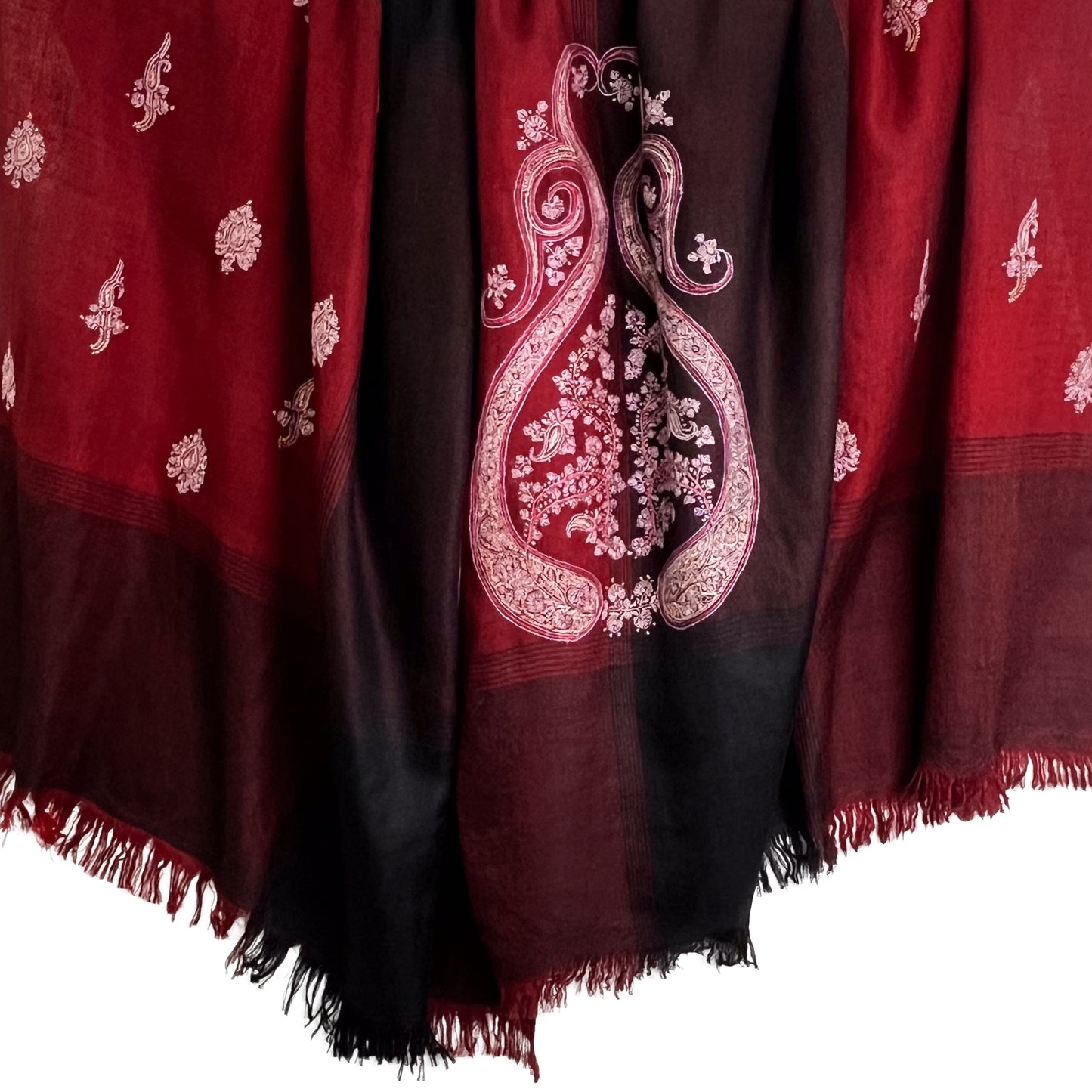 カシミヤ ニードル手刺繍ストール (ダークレッド)