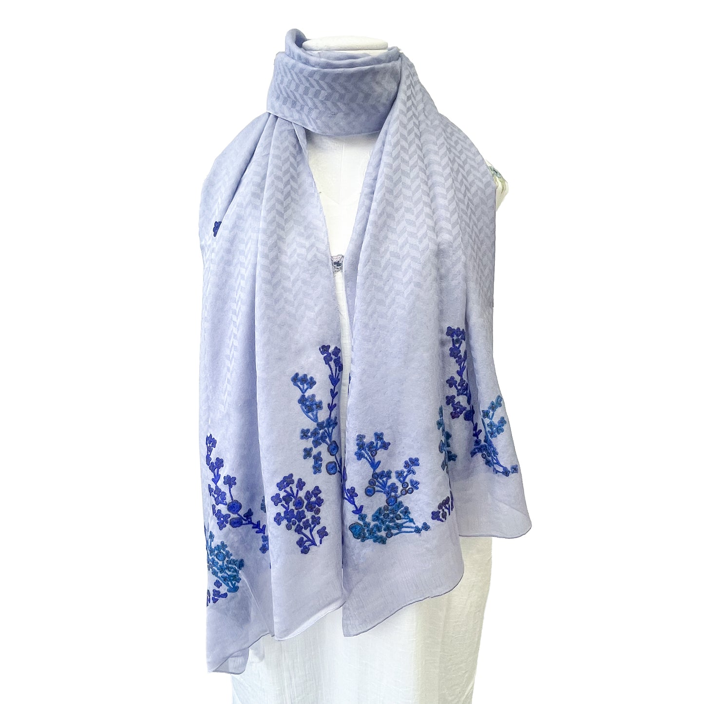 【SPECIAL PRICE】フラワーモチーフ カシミヤ&シルク アリー手刺繍ストール (グレー) (ブルー)