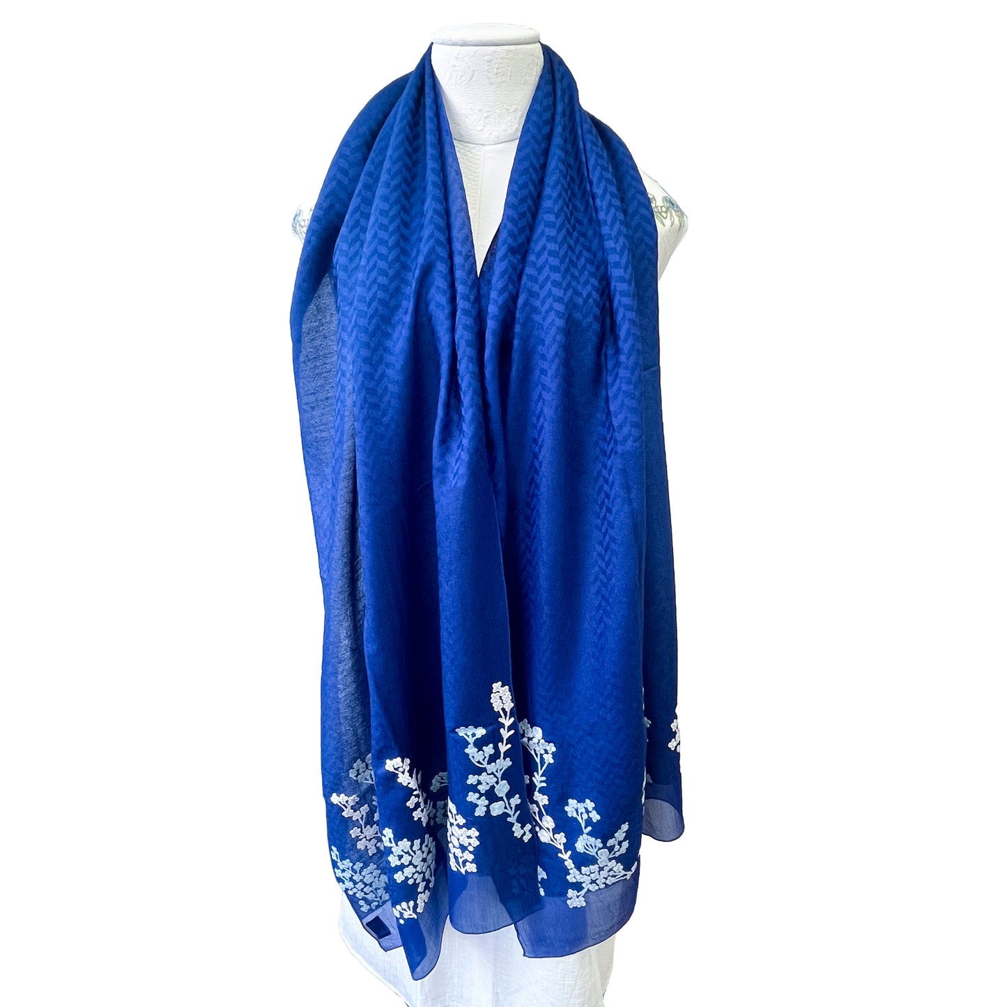 【SPECIAL PRICE】フラワーモチーフ カシミヤ&シルク アリー手刺繍ストール (グレー) (ブルー)