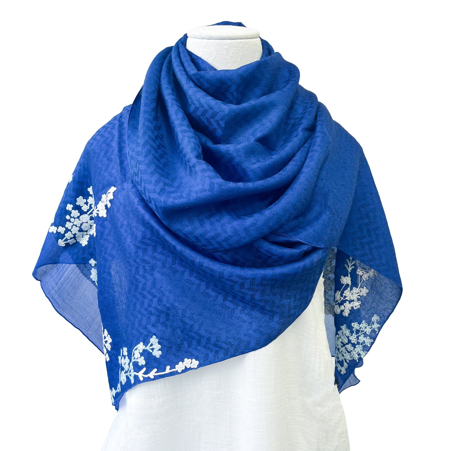 【SPECIAL PRICE】フラワーモチーフ カシミヤ&シルク アリー手刺繍ストール (グレー) (ブルー)