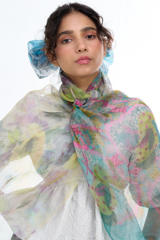Japanese-made double silk print double layer silk organza print stole (turquoise/fuchsia)