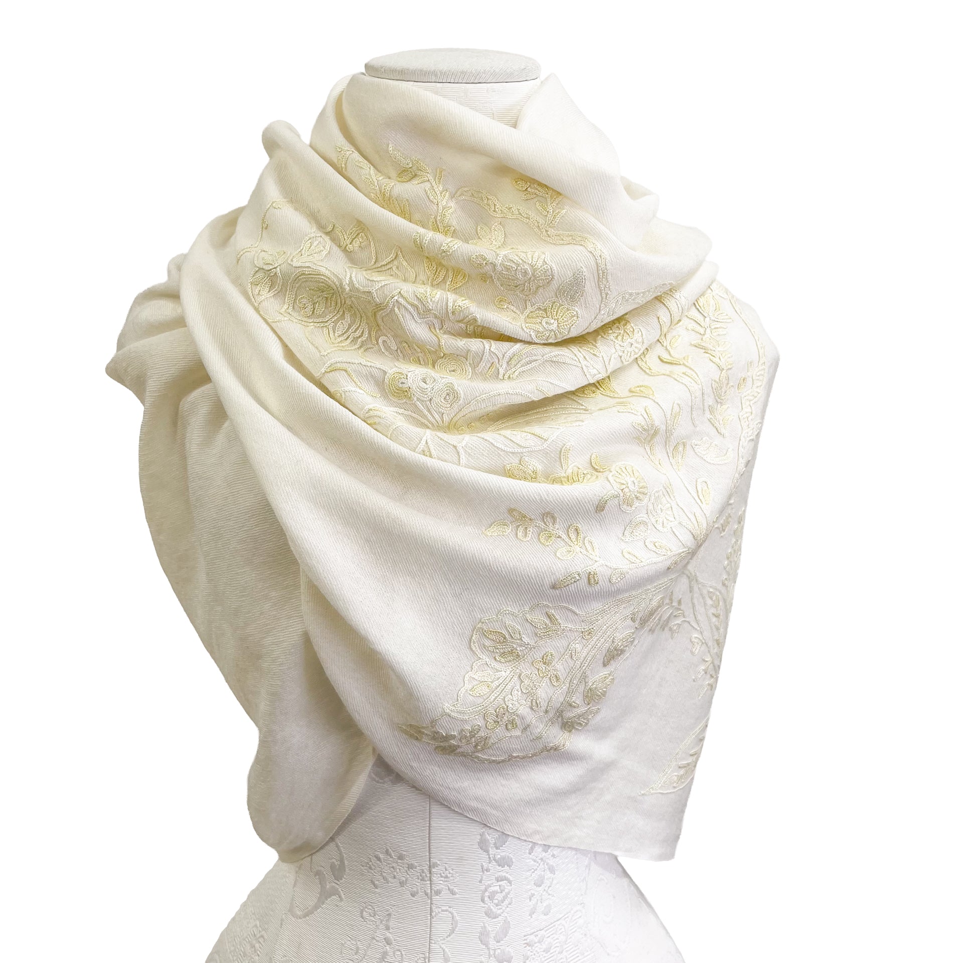 期間限定スペシャル価格】ウールアリー手刺繍ストール (ホワイト