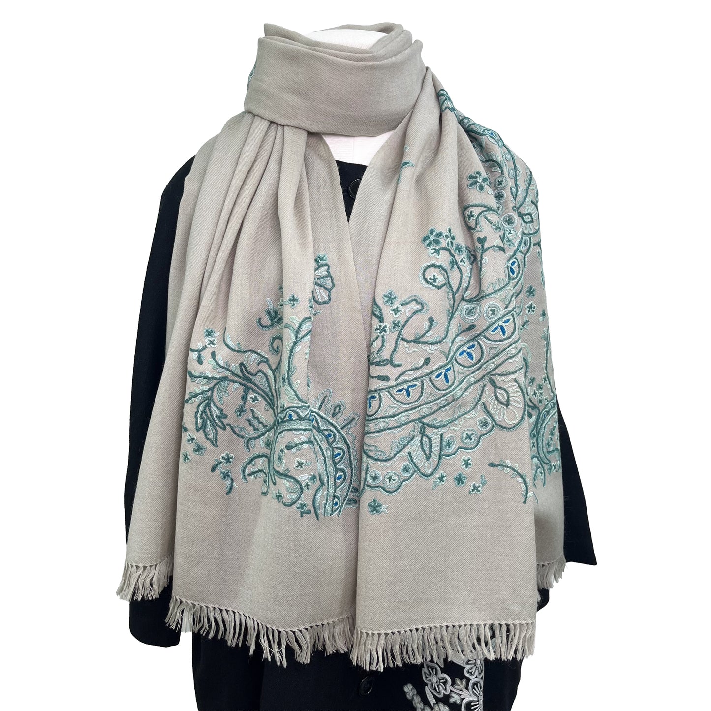 Wool Arly hand embroidered stole 60cm x 200cm (light grey)