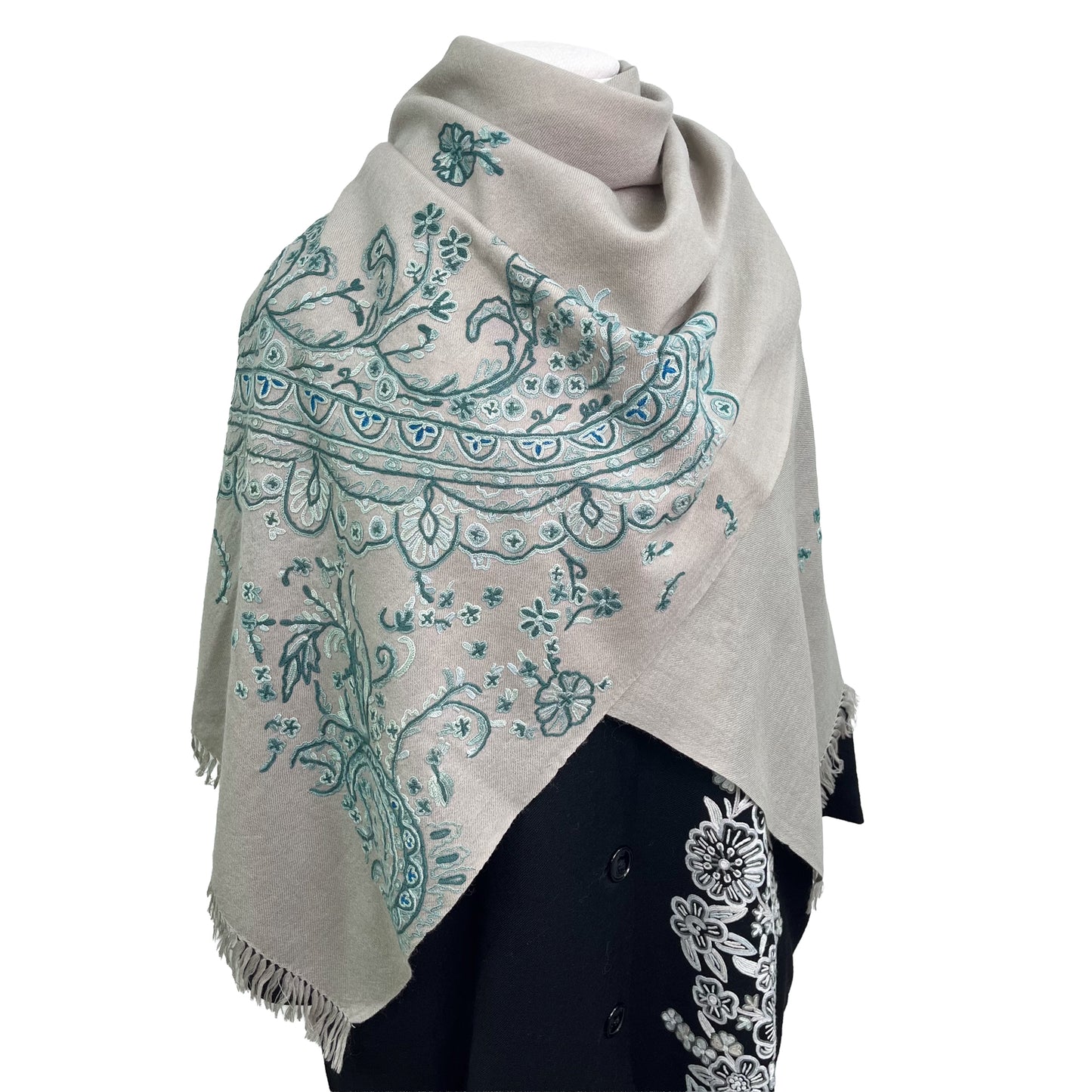 Wool Arly hand embroidered stole 60cm x 200cm (light grey)