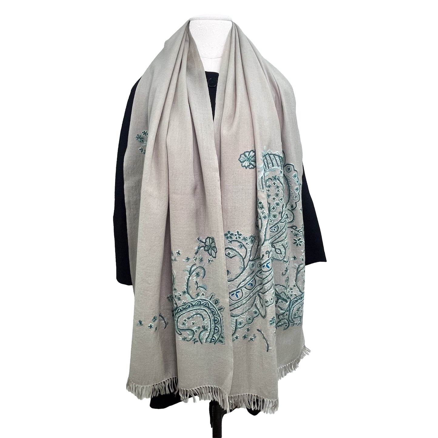 Wool Arly hand embroidered stole 60cm x 200cm (light grey)