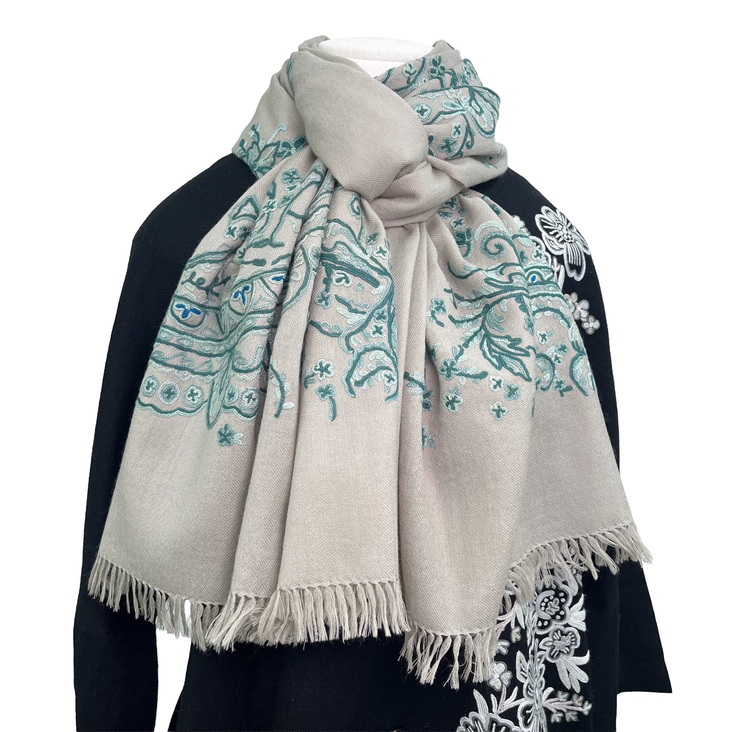 Wool Arly hand embroidered stole 60cm x 200cm (light grey)